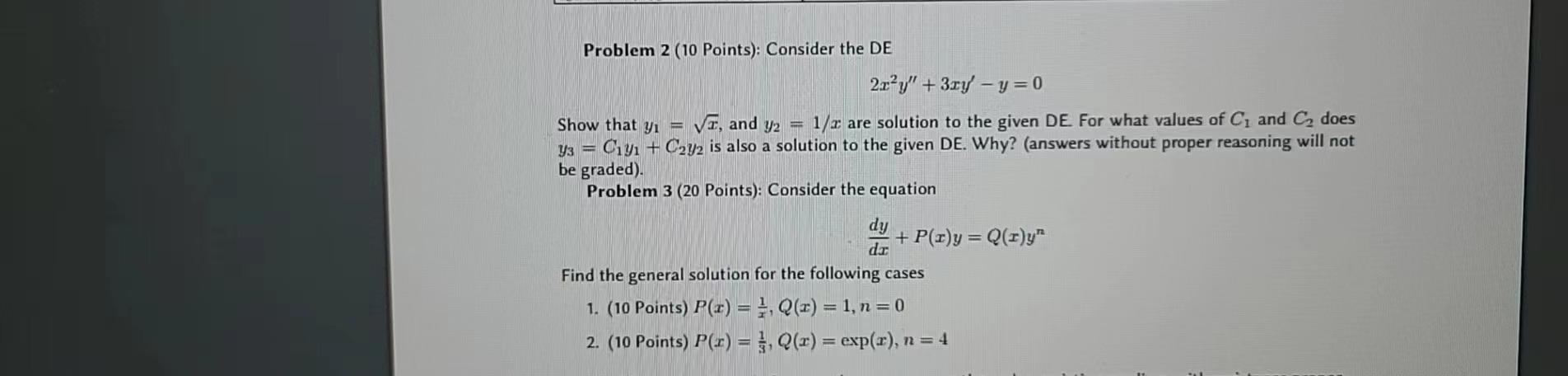 Solved Problem 2 (10 Points): Consider the DE | Chegg.com