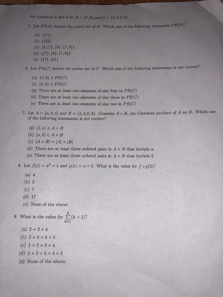 Solved For questions 5 and 6 let B = {7,8},and.C-12, 4, | Chegg.com