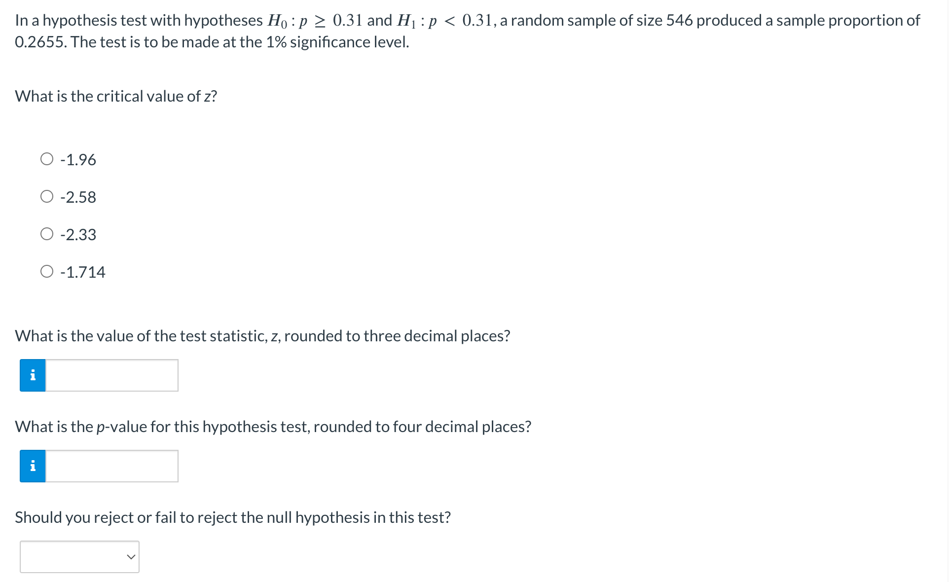 Solved In a hypothesis test with hypotheses H0:p≥0.31 ﻿and | Chegg.com