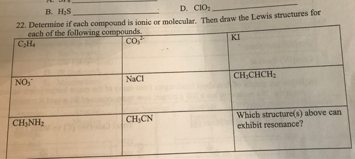 Solved B. H2S D. CIO2 22. Determine if each compound is Chegg