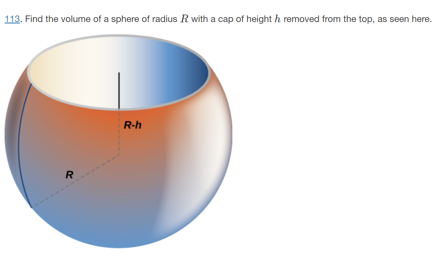 Solved Find the volume of a sphere of radius R ﻿with a cap | Chegg.com