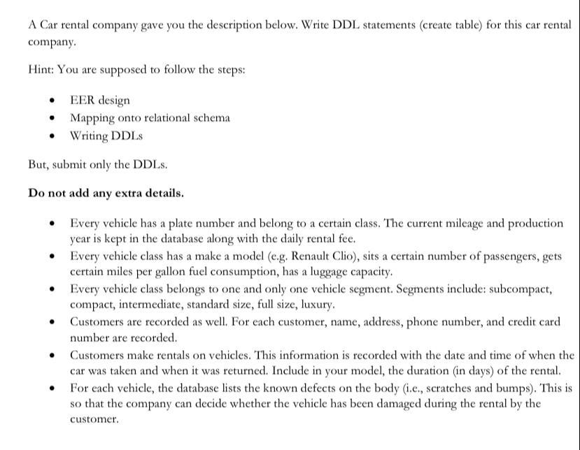 Solved A Car rental company gave you the description below. | Chegg.com