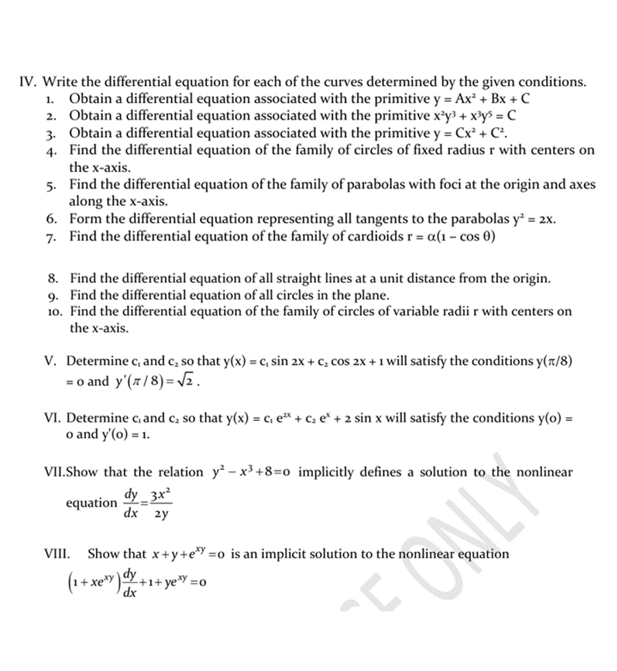 Solved IV. ﻿Write the differential equation for each of the | Chegg.com