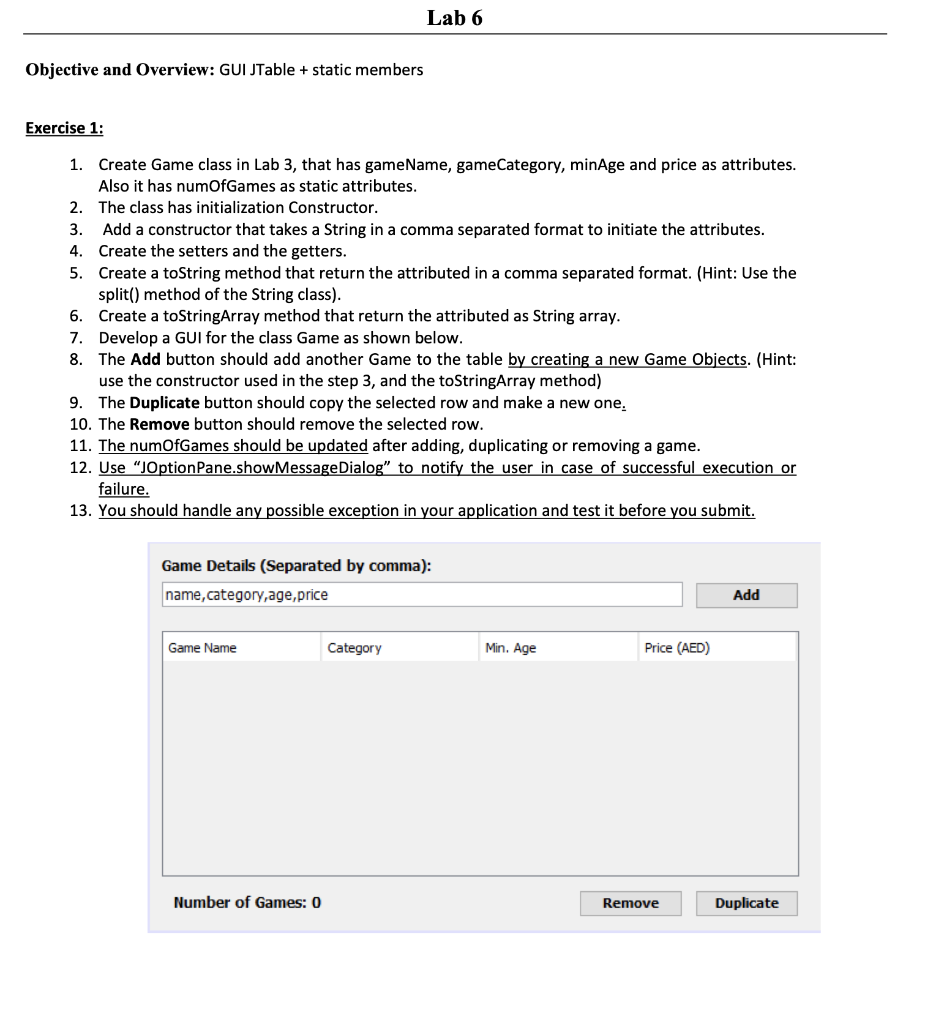 Solved Lab 6 Objective and Overview: GUIJTable + static | Chegg.com