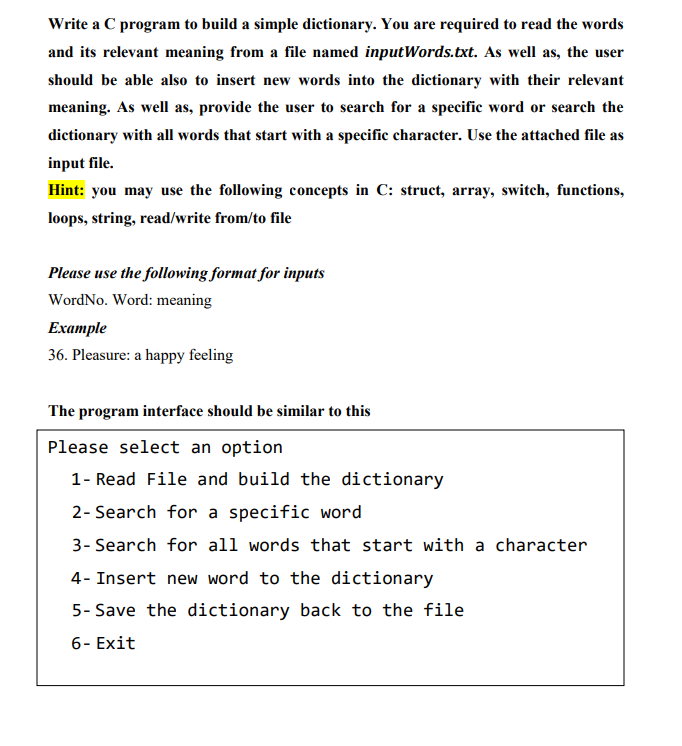 Solved Write A C Program To Build A Simple Dictionary You Chegg Com