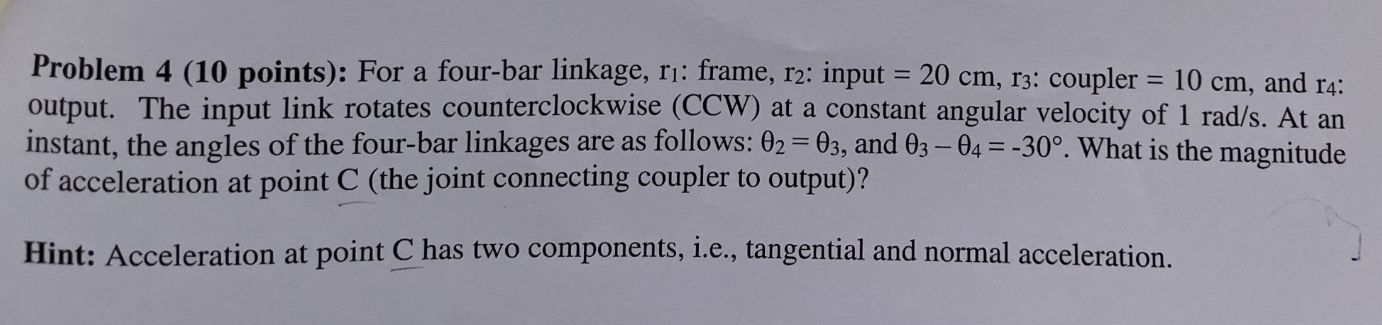 Solved Problem 4 (10 ﻿points): For a four-bar linkage, r1 ﻿: | Chegg.com