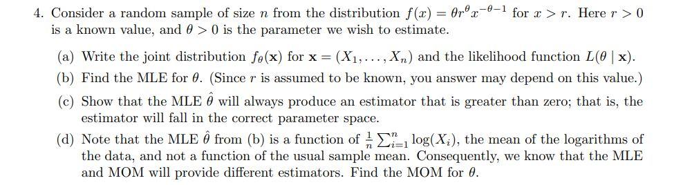 Solved 4. Consider a random sample of size n from the | Chegg.com