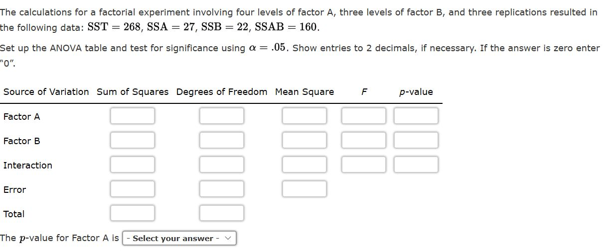 Solved The Calculations For A Factorial Experiment Involving | Chegg.com