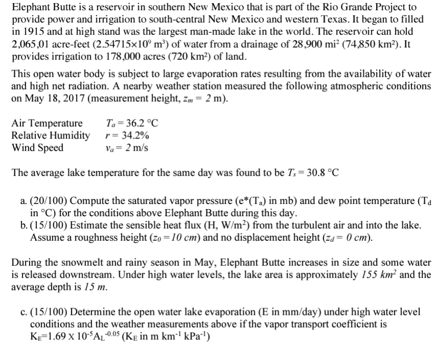 Solved Elephant Butte is a reservoir in southern New Mexico | Chegg.com