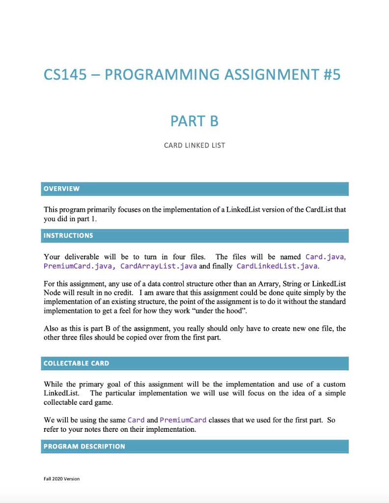 CS145 - PROGRAMMING ASSIGNMENT #5 PART B CARD LINKED | Chegg.com