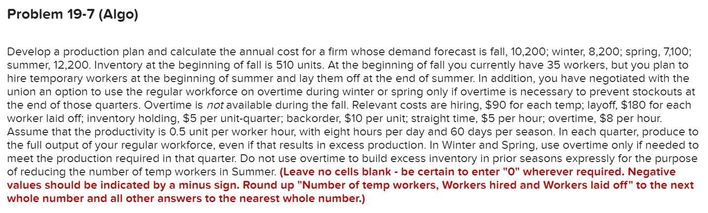 Solved Problem 19-7 (Algo) Develop A Production Plan And | Chegg.com