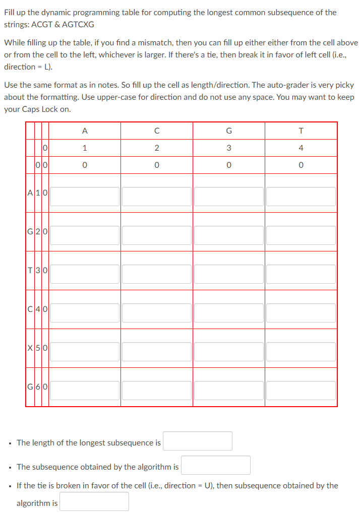 Solved Fill up the dynamic programming table for computing | Chegg.com