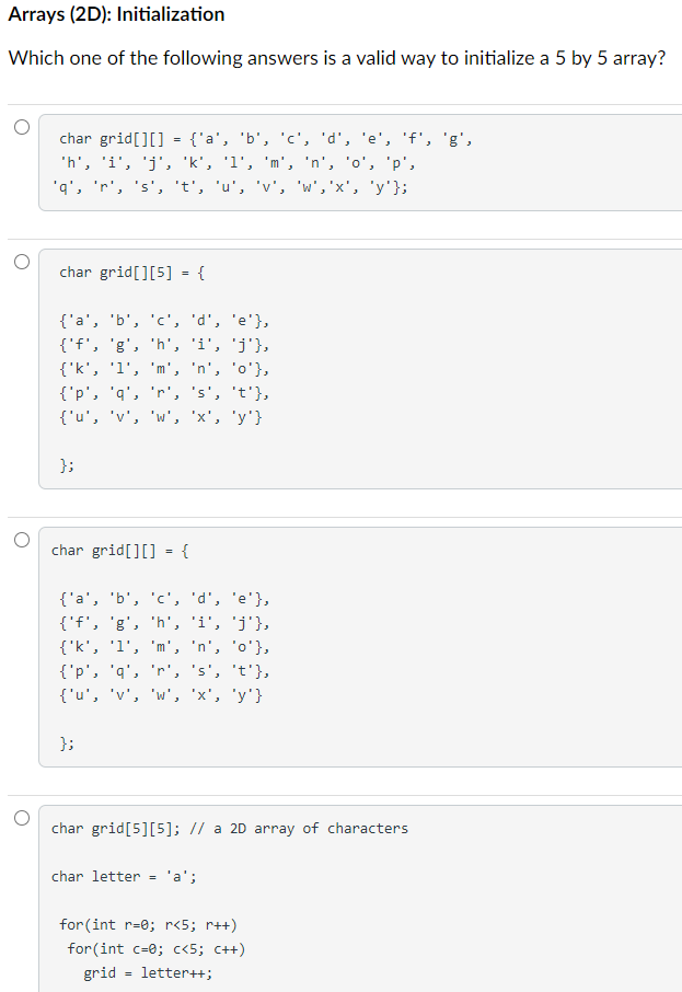 Solved Arrays 2d Initialization Which One Of The Follo Chegg Com