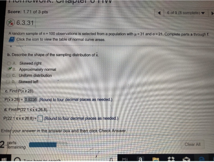 Solved Score: 1.71 of 3 pts &6.3.31 A random sample of n-100 | Chegg.com