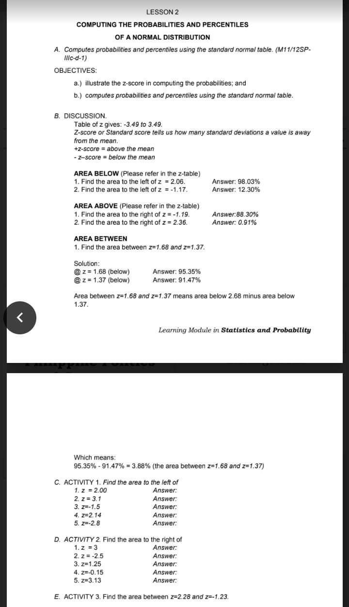 Solved LESSON 2 COMPUTING THE PROBABILITIES AND PERCENTILES | Chegg.com