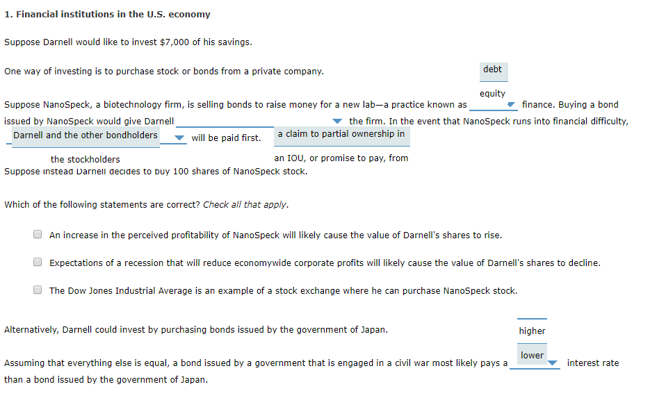 Solved 1. Financial institutions in the U.S. economy Suppose