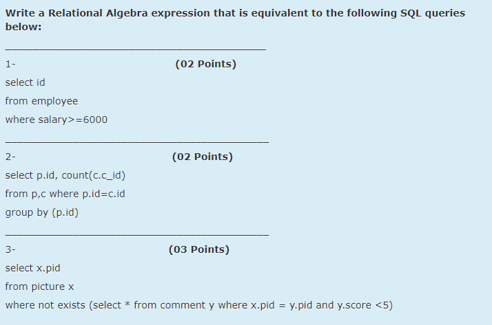 Write a Relational Algebra expression that is | Chegg.com