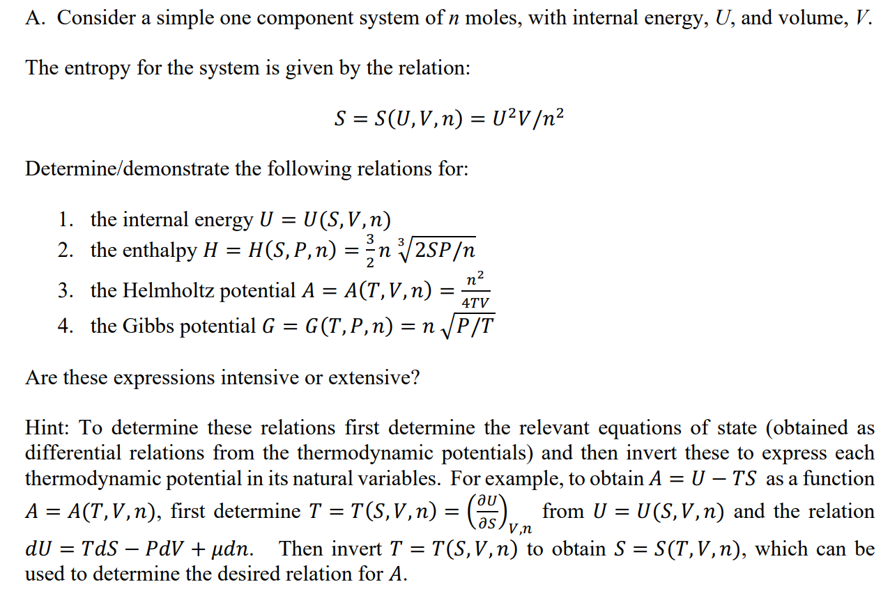 A Consider A Simple One Component System Of N Mol Chegg Com