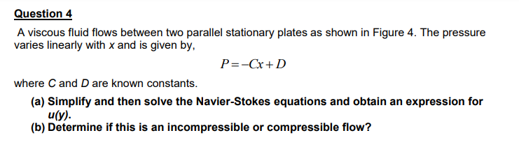 Solved Question 4 A viscous fluid flows between two parallel | Chegg.com