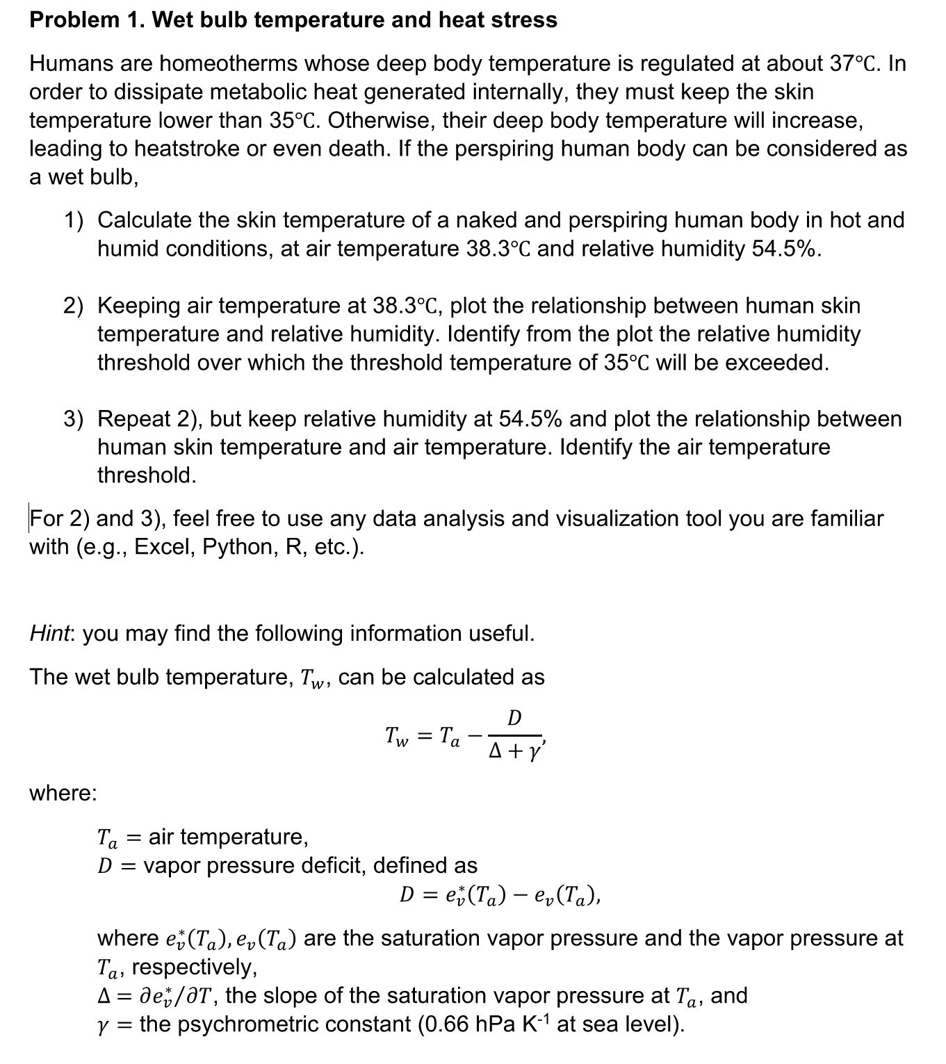 Solved Problem 1. Wet bulb temperature and heat stress | Chegg.com