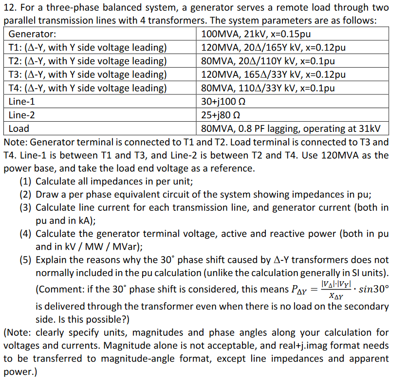 Solved 12. For a three-phase balanced system, a generator | Chegg.com