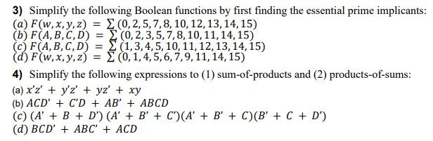 Solved 3) Simplify The Following Boolean Functions By First | Chegg.com