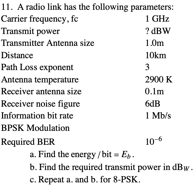 Solved 11. A radio link has the following parameters: | Chegg.com