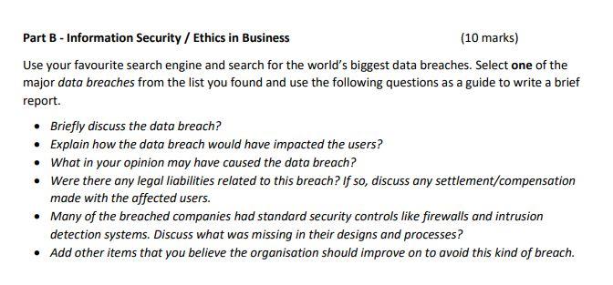 Solved Part B - Information Security / Ethics In Business | Chegg.com