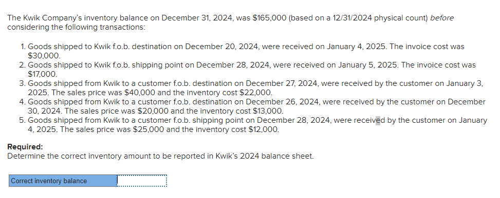 Solved The Kwik Company's inventory balance on December 31, | Chegg.com