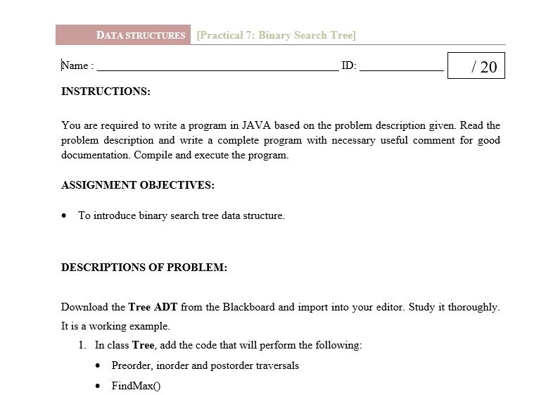 Solved Data Structures Practical 7 Binary Search Tree Chegg
