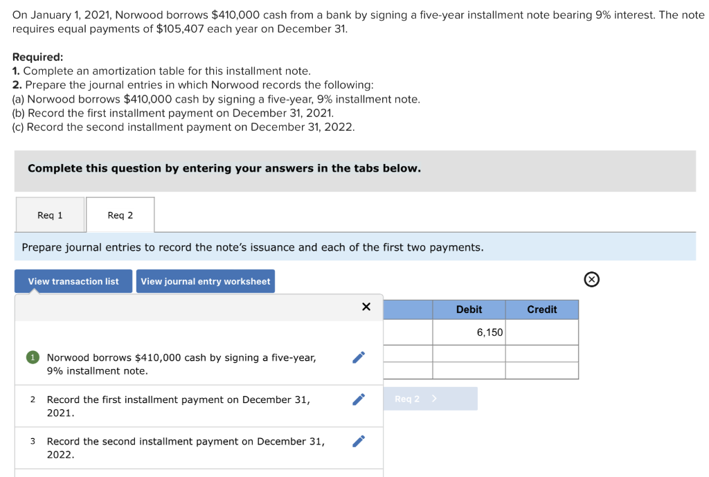 Solved On January 1, 2021, Norwood borrows $410,000 cash | Chegg.com