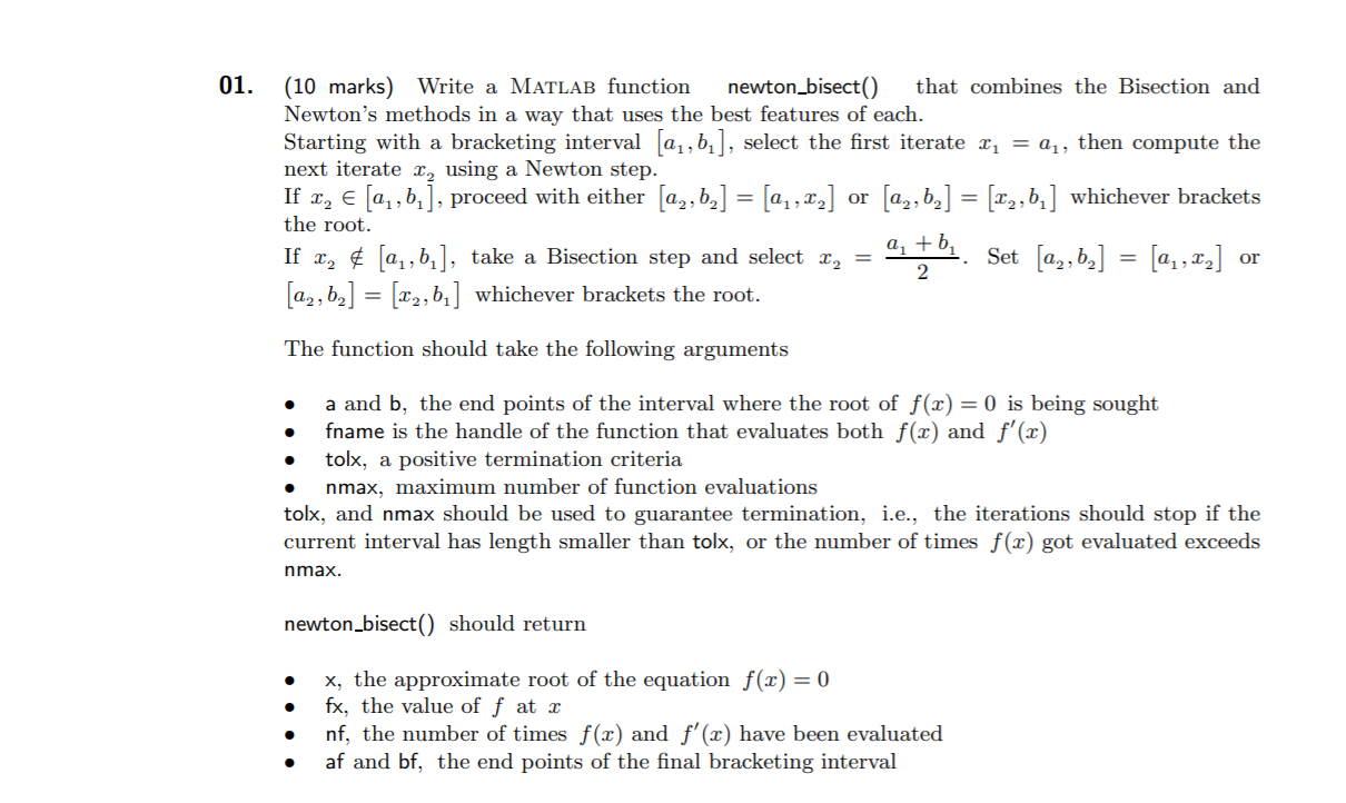 Solved 01. (10 marks) Write a MATLAB function | Chegg.com