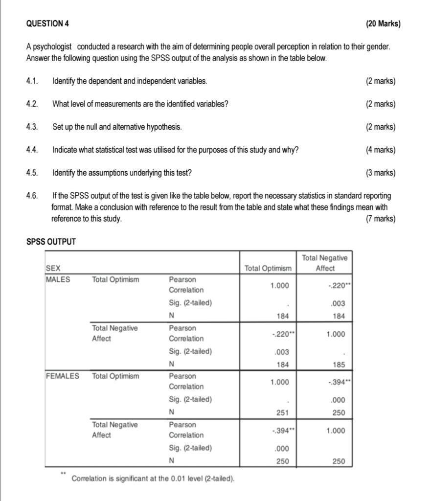 Solved QUESTION 4 (20 Marks) A psychologist conducted a | Chegg.com