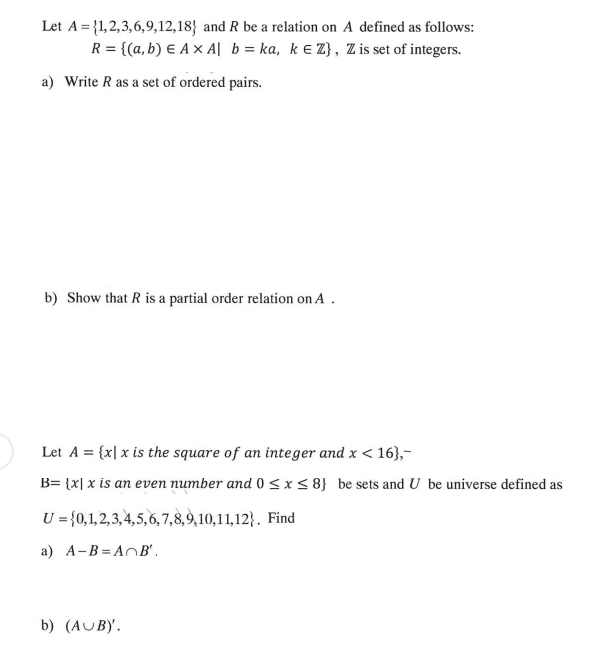 Solved Let A = {1,2,3,6,9,12,18} And R Be A Relation On A | Chegg.com