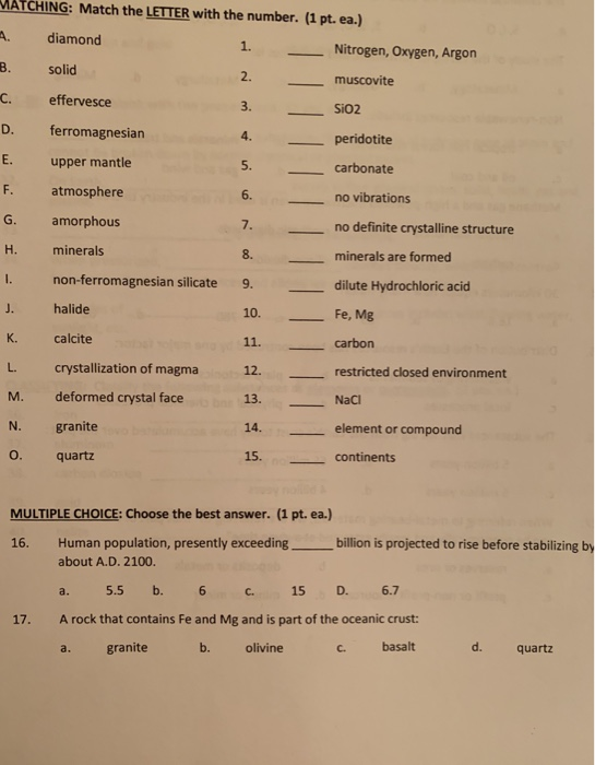 Solved MATCHING: Match the LETTER with the number. (1 pt. | Chegg.com