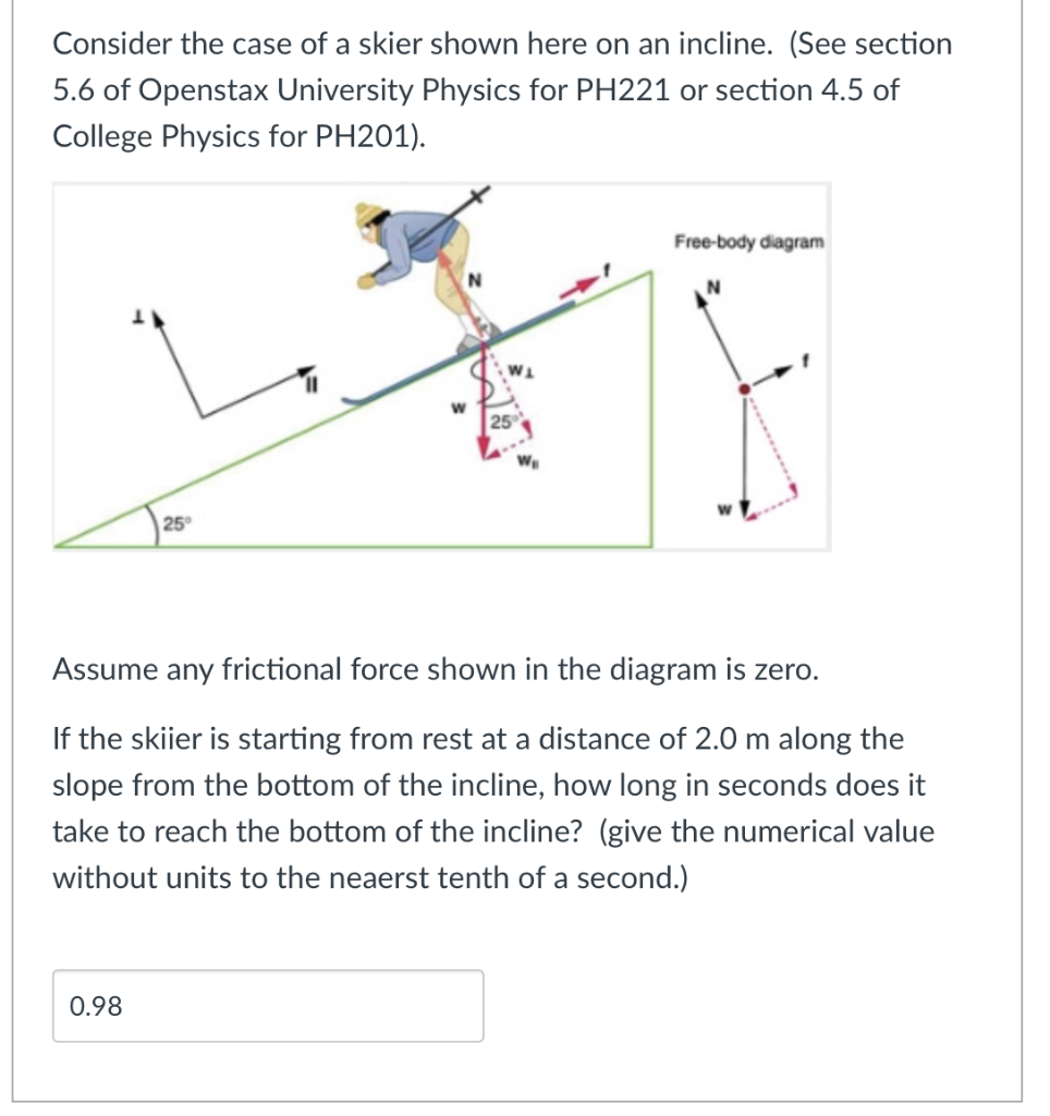 Consider the case of a skier shown here on an incline. (See section 5.6 of Openstax University Physics for \( \mathrm{PH} 221