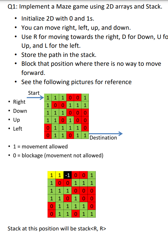 Q1: Implement a Maze game using 2D arrays and Stack. | Chegg.com