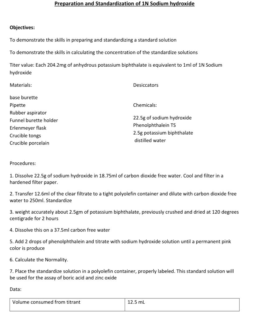 Solved Preparation and Standardization of 1N Sodium | Chegg.com