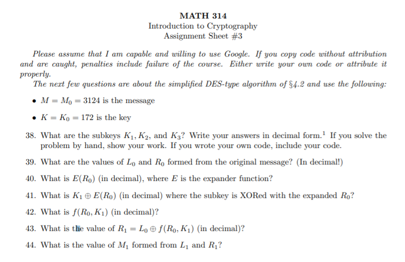 MATH 314 Introduction to Cryptography Assignment | Chegg.com