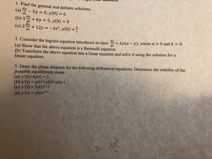 Solved 1. Find the general and definite solutions. (a) de-5y | Chegg.com