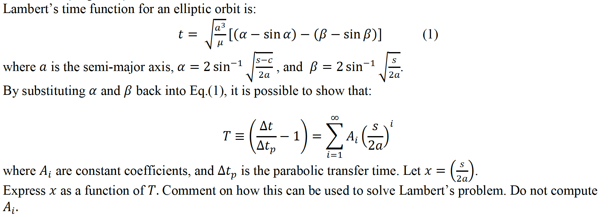 Lambert S Time Function For An Elliptic Orbit Is Chegg Com