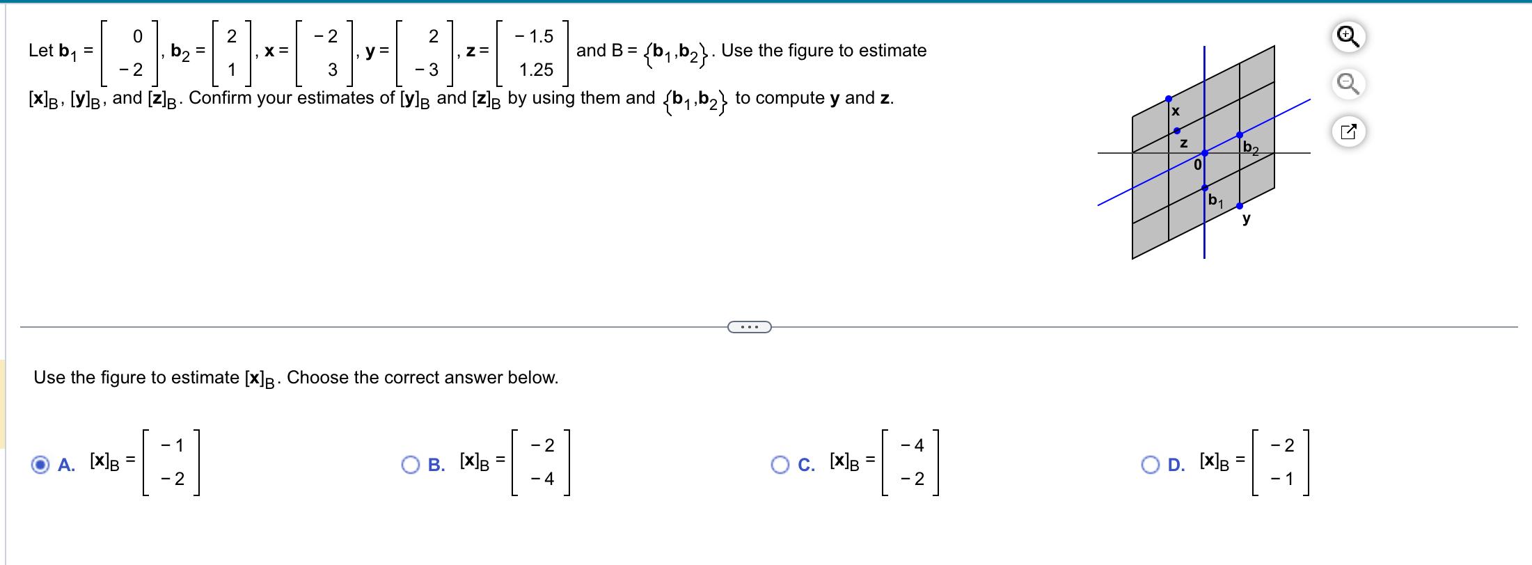 Solved Let B1=[0−2],b2=[21],x=[−23],y=[2−3],z=[−1.51.25] And | Chegg.com