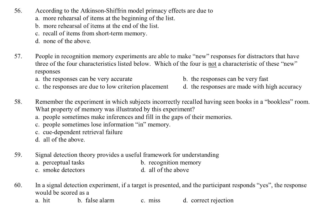 Solved 56. According to the Atkinson-Shiffrin model primacy | Chegg.com