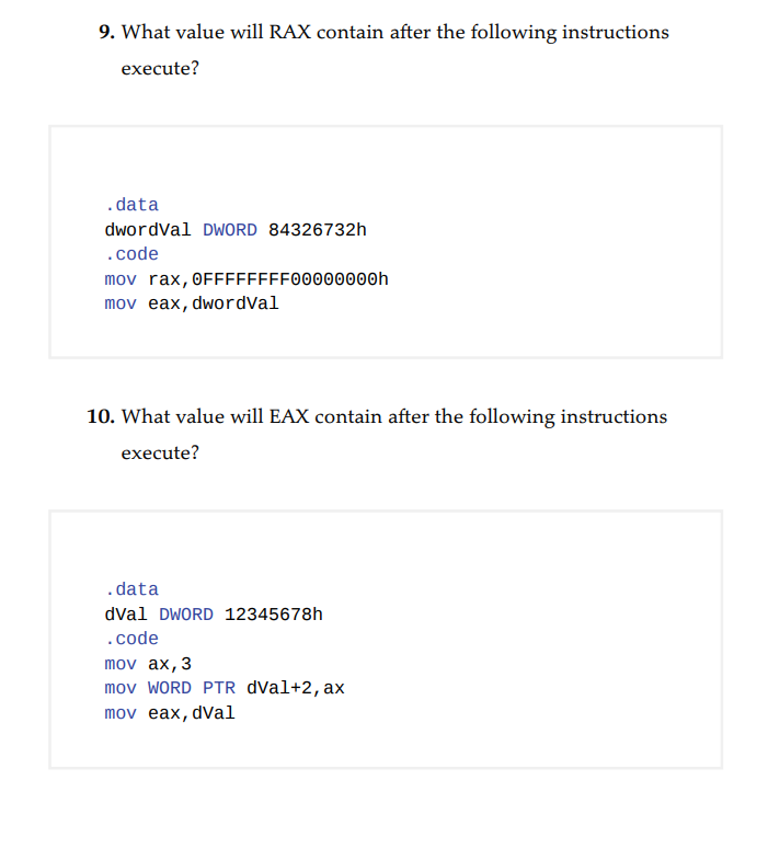 Solved 9. What value will RAX contain after the following