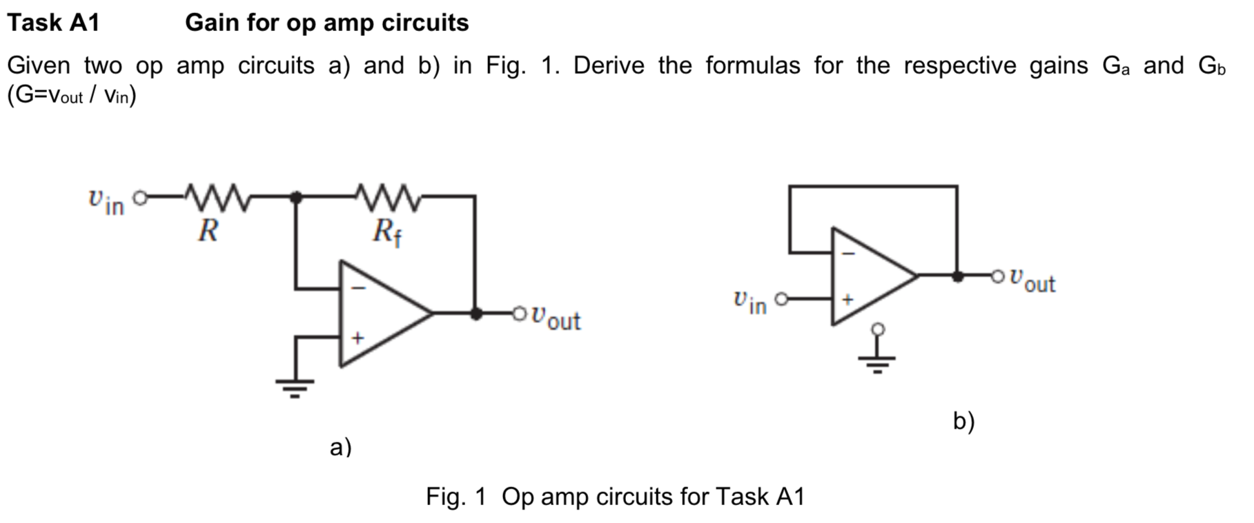 Solved Task A1 Gain for op amp circuits Given two op amp | Chegg.com