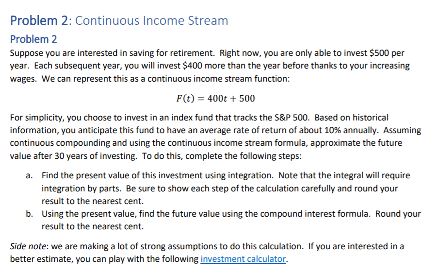 Problem 2 Continuous Income Stream Problem 2 Supp Chegg Com