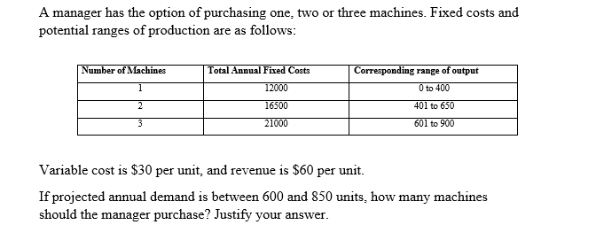 Solved A manager has the option of purchasing one, two or | Chegg.com