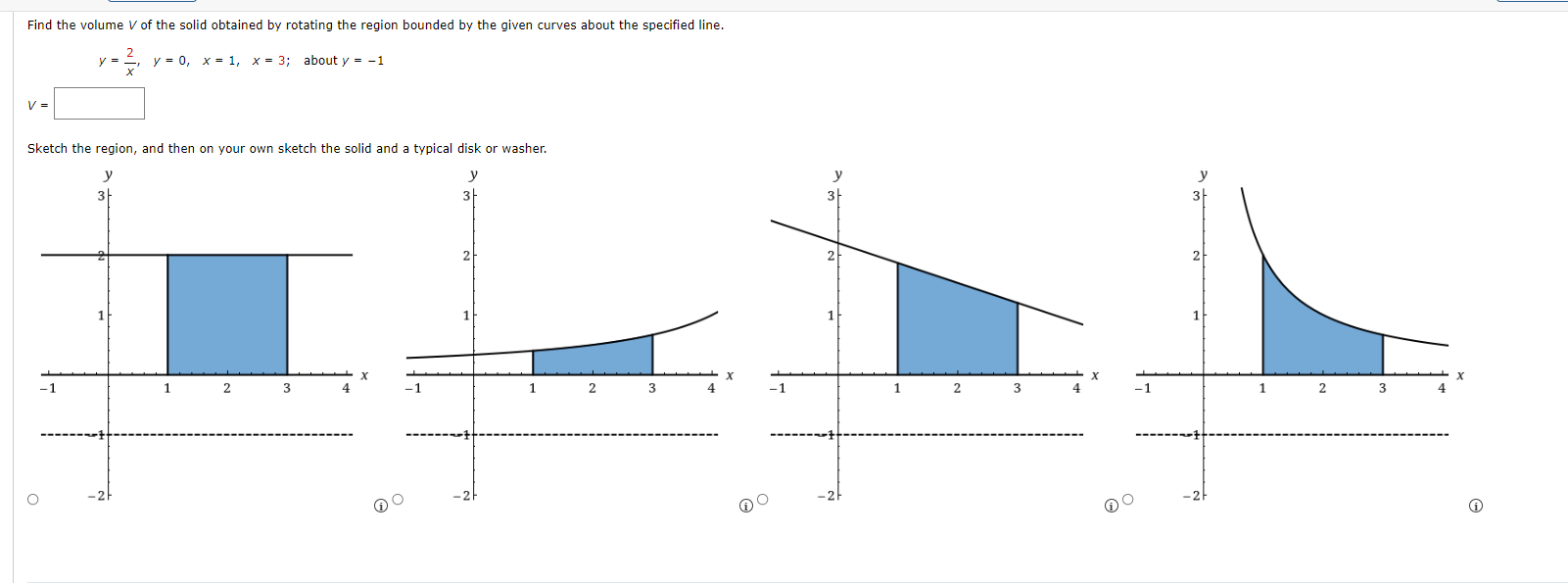 Solved y=x2,y=0,x=1,x=3; about y=?1 V= Sketch the region, | Chegg.com