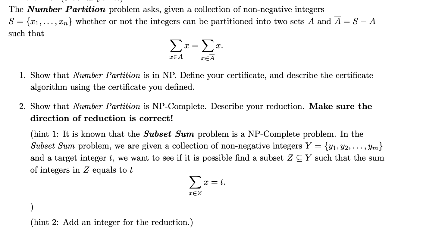 Solved The Number Partition Problem Asks, Given A Collection | Chegg.com