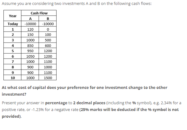 Solved Assume you are considering two investments A and B on | Chegg.com